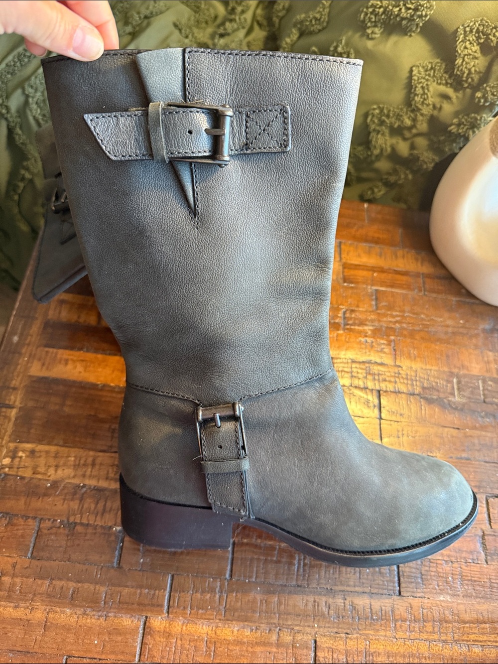 Women's Gray Leather Ankle Booties with Buckle Detail